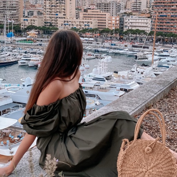 MANGO Khaki Cotton Poplin Off-Shoulder Dress with Puff Sleeves - Picture 4 of 11